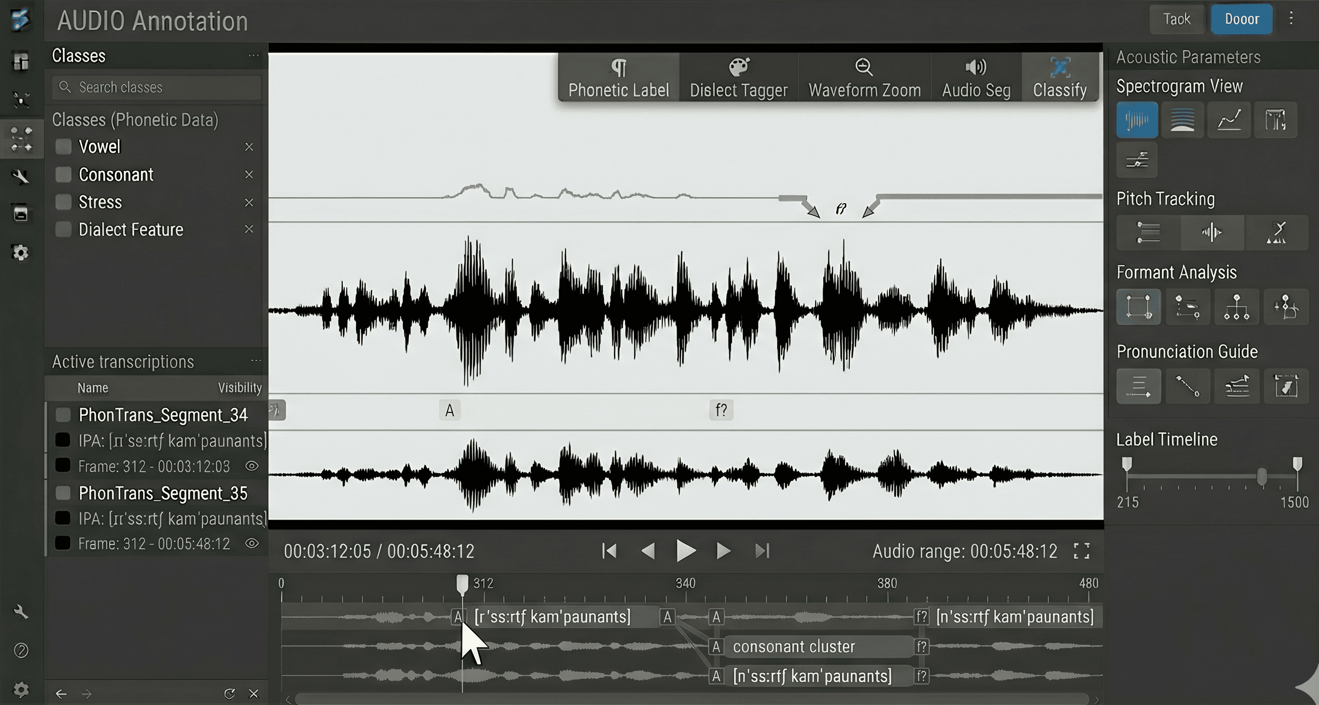 IPA-style phonetic transcription aligned with speech waveforms for dialect and accent modeling