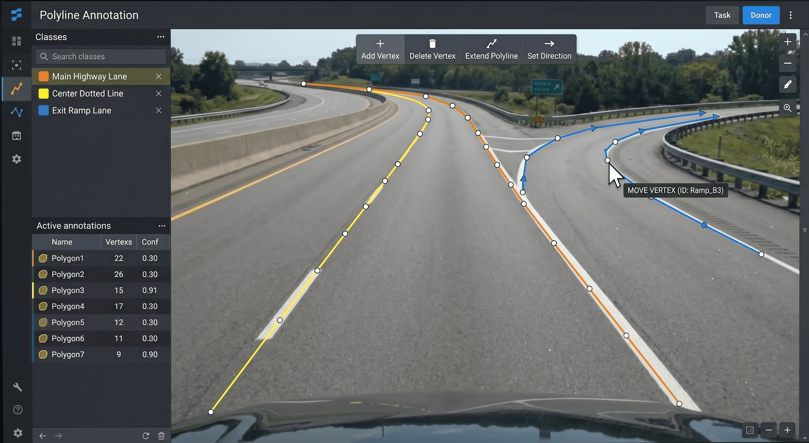 Polyline and lane annotation for roads and linear features