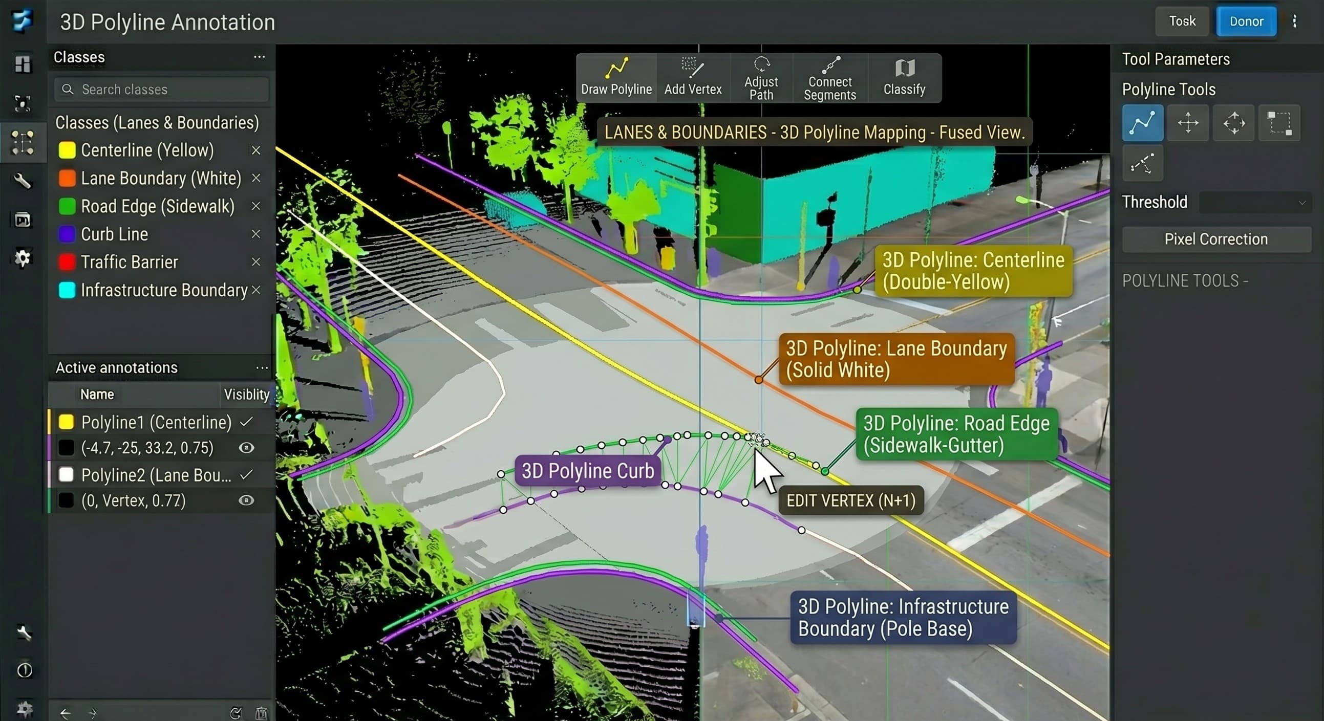 3D polylines for lanes, road edges, and infrastructure on LiDAR point cloud