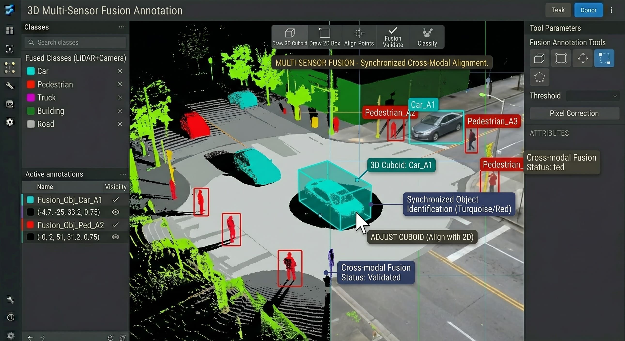 Fused LiDAR and camera annotation with aligned 3D cuboids and semantic segments