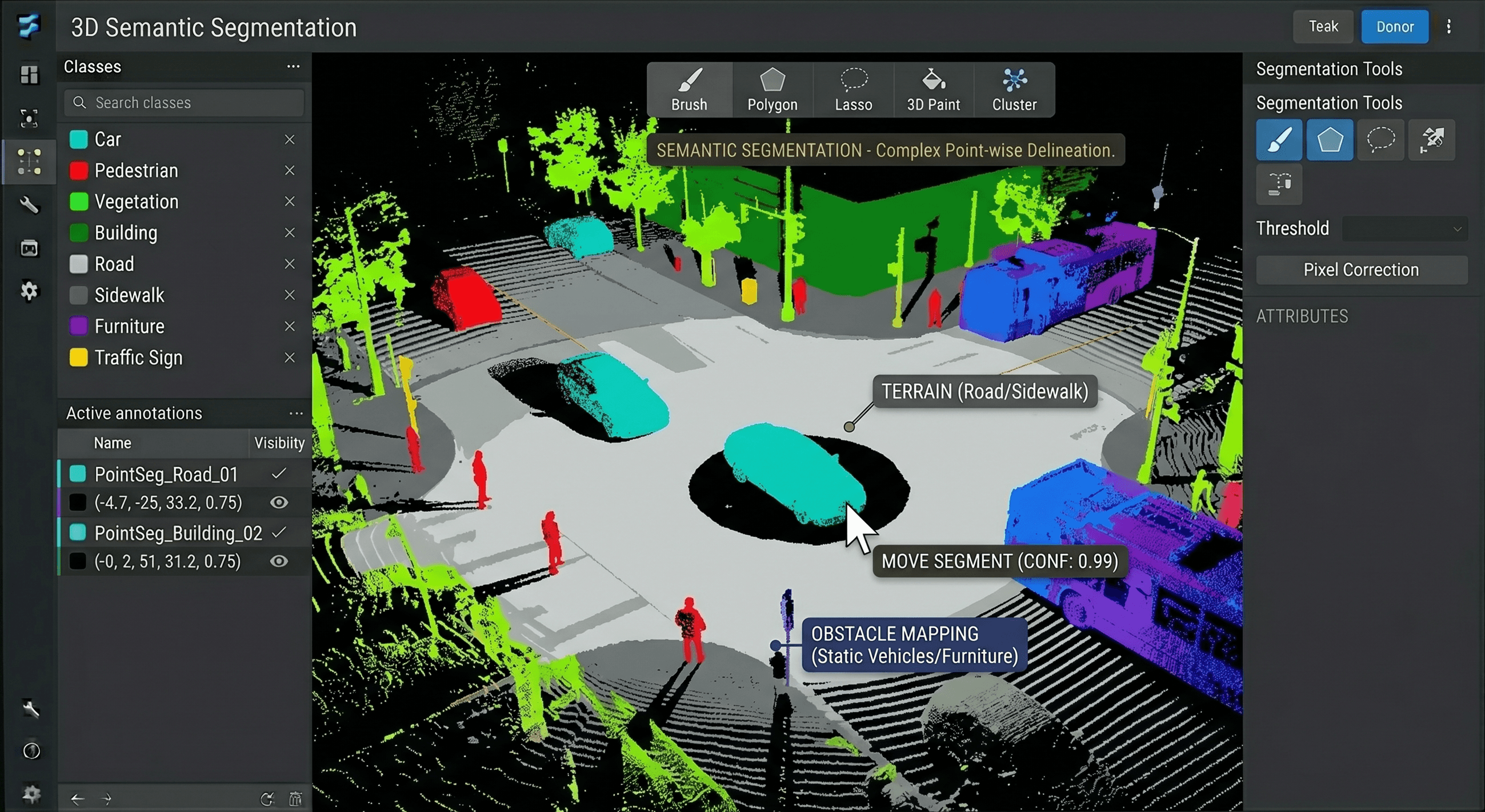 Semantically segmented LiDAR point cloud with terrain, roads, and obstacles classified