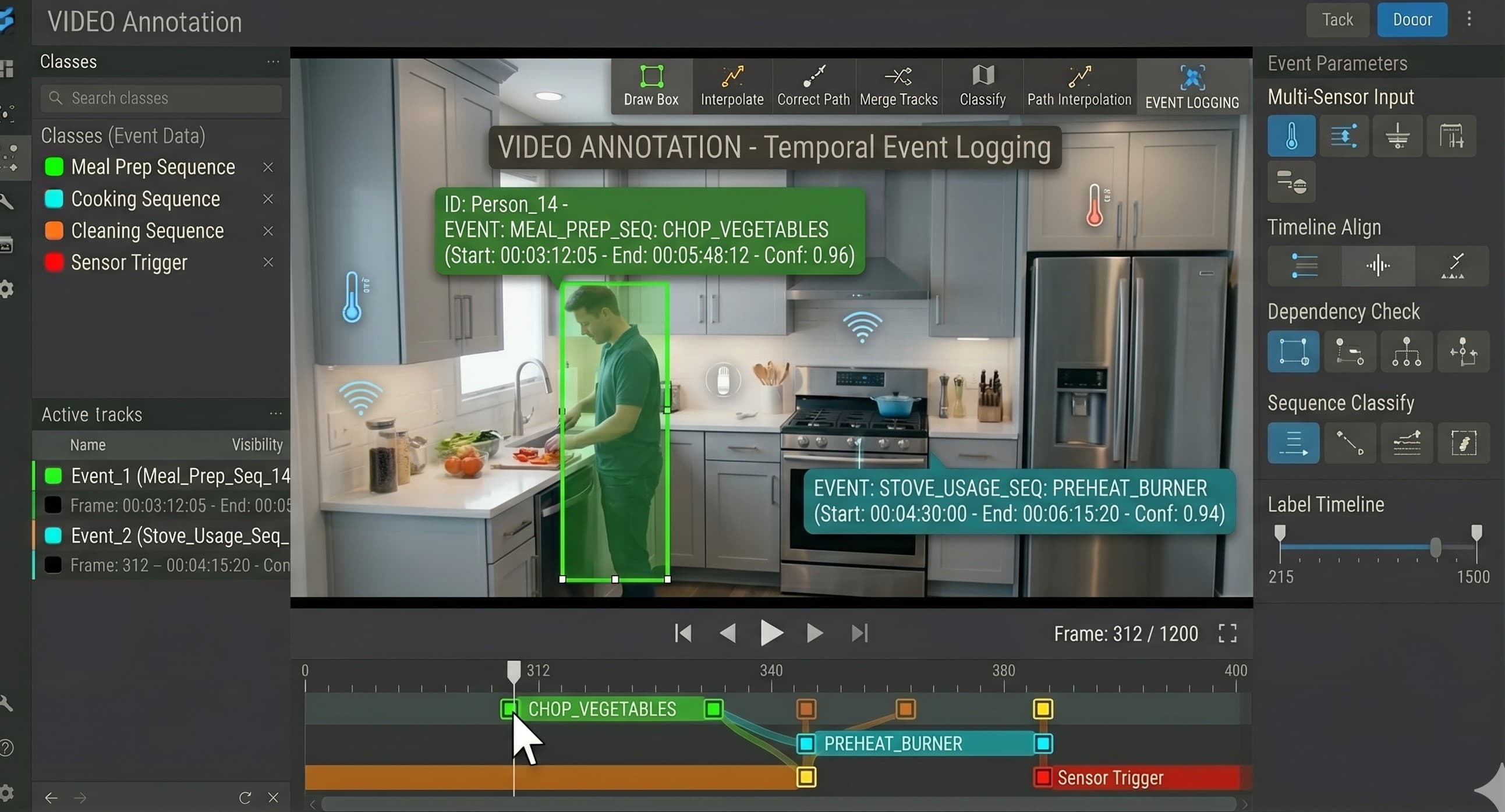 Frame-accurate event logs with start and end timestamps on video timelines