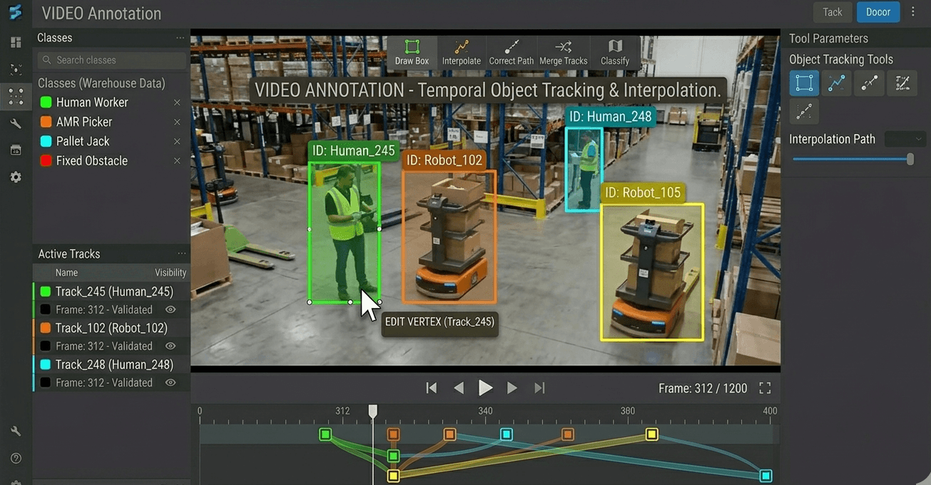 Object tracking with persistent IDs and interpolated paths between video keyframes
