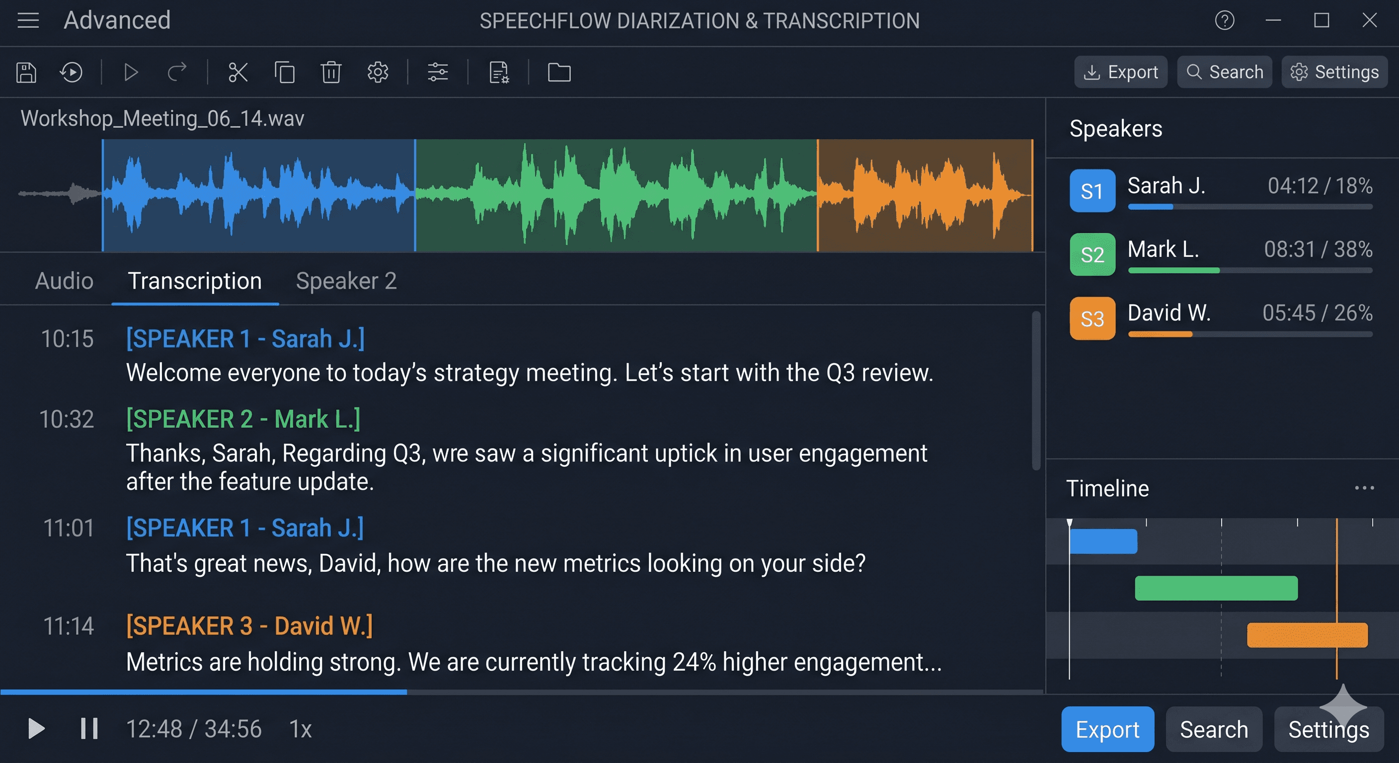 Speaker diarization timeline showing who spoke when on multi-speaker audio