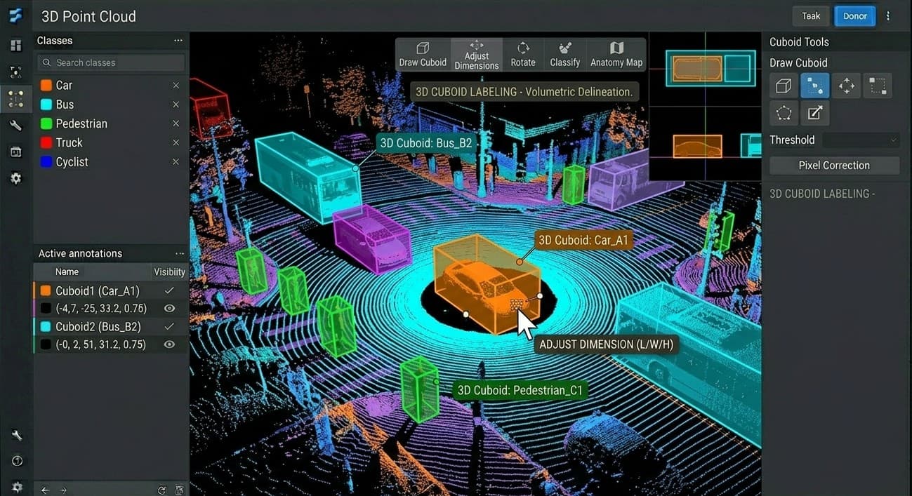 3D cuboid labels on LiDAR point cloud for autonomous driving perception