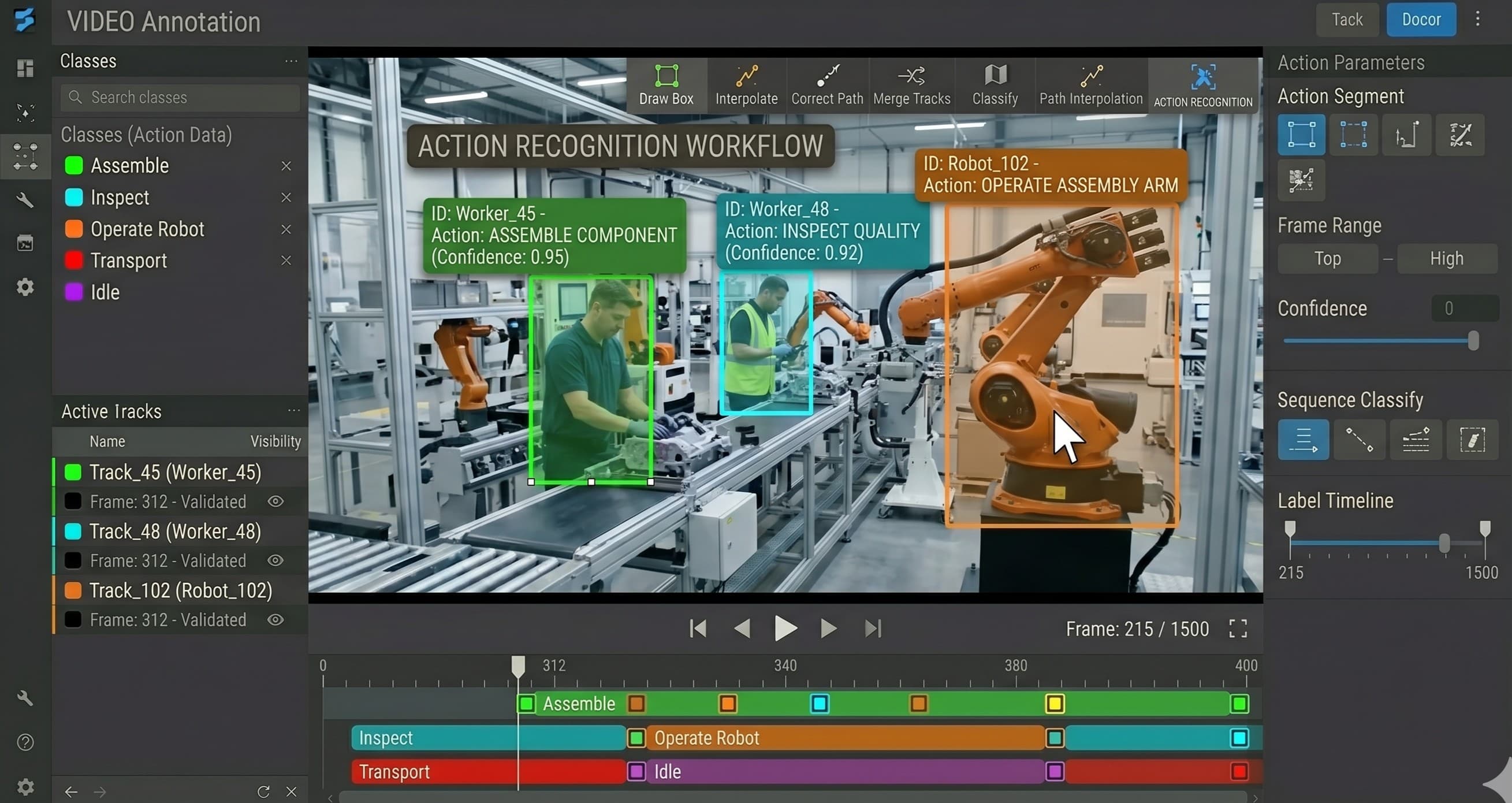 Video action recognition labels for human and machine activities over time